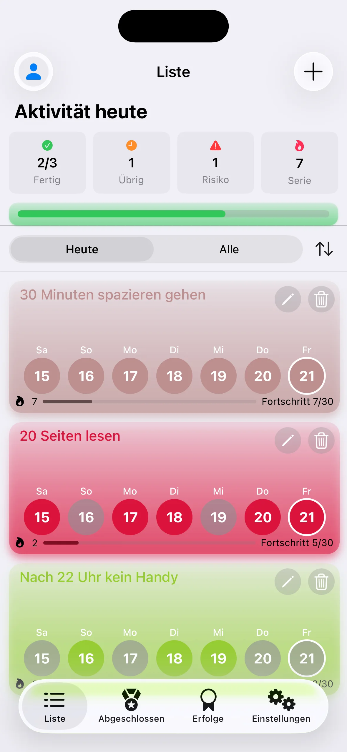 Liste. 2 von 3 erledigt